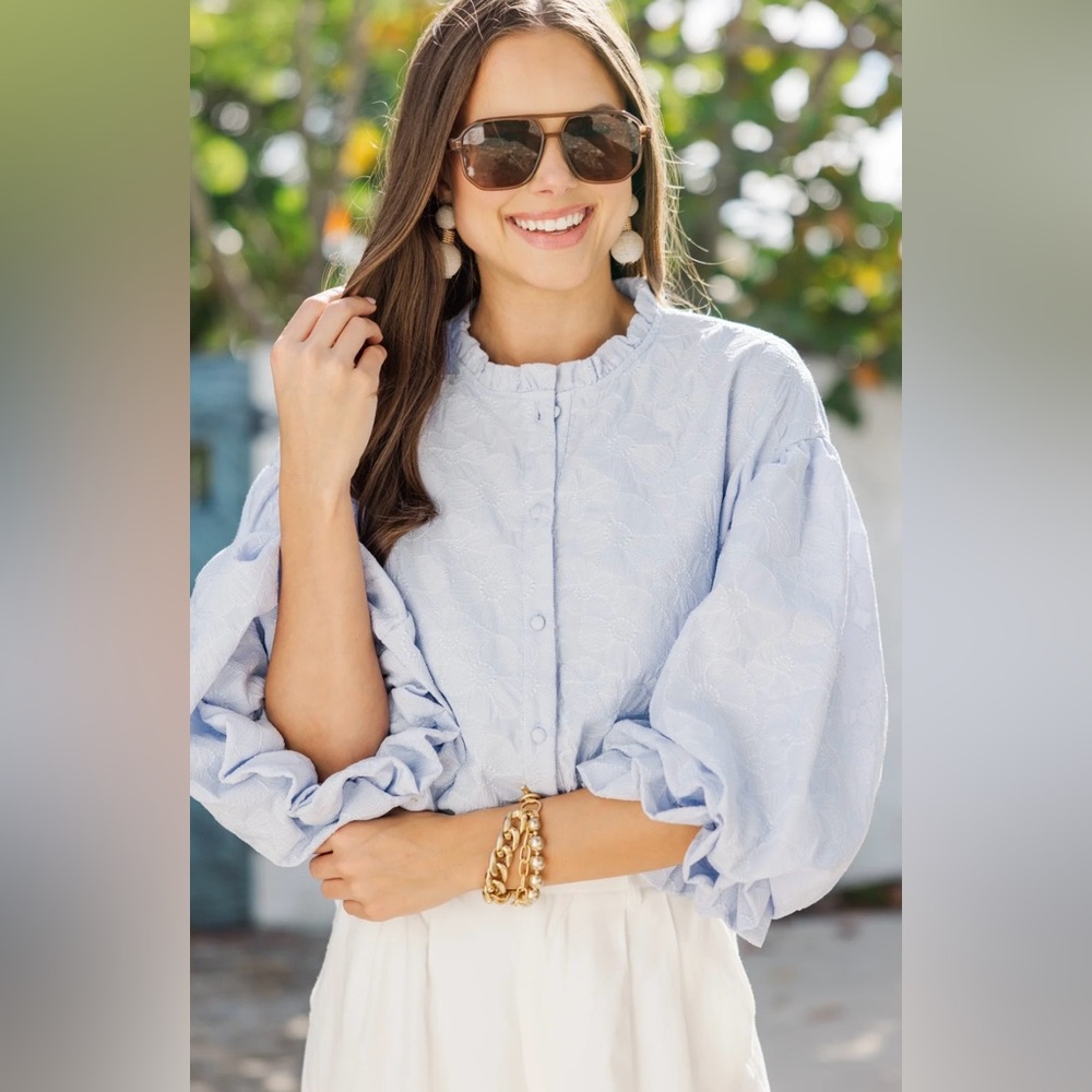 Light Blue Puff Sleeve Blouse — Women
